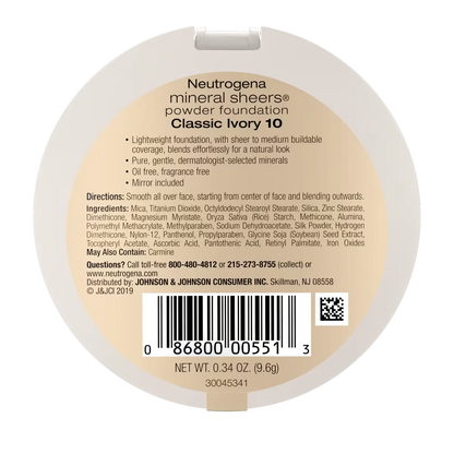 Neutrogena® Mineral Sheers Compact Powder Foundation, Classic Ivory 10, .34 Oz - US 0202